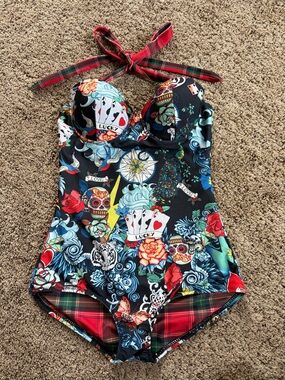 Tattoo Floral Black One-Piece Swimsuit with Red Accents